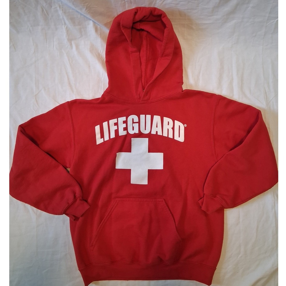 Lifeguard Red Pullover Hoodie Small White Cross Graphic Sweatshirt
